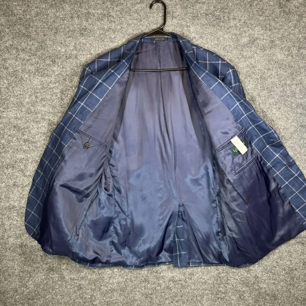 Lauren Ralph Lauren 46R Blue Windowpane 100% Linen Blazer Sport Coat